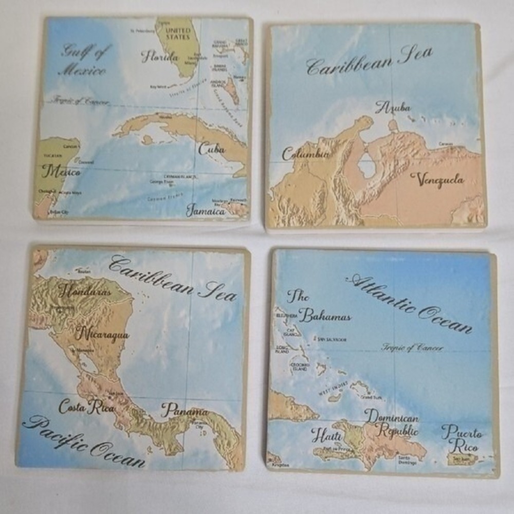 Caribbean Map 4 Coaster Set Cork Backing 4"x4" New Open Box